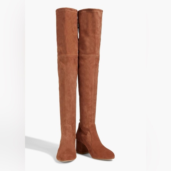 SOLD - New Stuart Weitzman Flareland Suede Over The Knee Boots Tan Sz 8 - Picture 2 of 14